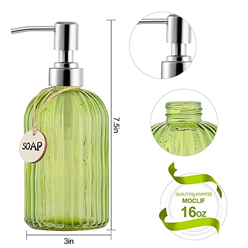 MOCLIF 16 OZ Soap Dispenser，Tempered Glass Clear Vertical Stripe with 304 Rust Proof Stainless Steel Pump Refillable Liquid Hand Soap Dispenser，for Bathroom, Kitchen, Dish Soap，Lotion (Green) - color: Green