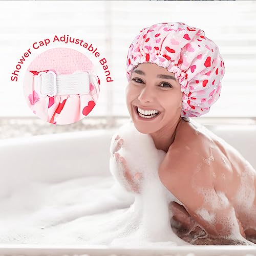 Shower Cap for Women Terry Lined Bath Cap Large Reusable Waterproof Elastic Band Pink Shower Caps for Long Thick Hair Soft Bath Shower Hair Caps - color: Pink Hearts