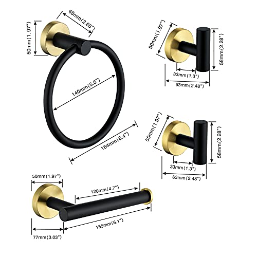 4 Piece Stainless Steel Matte Black and Brushed Gold Bathroom Hardware Set Include Hand Towel Ring Holder, Toilet Paper Holder,and 2 Robe Towel Hooks,Bathroom Accessories Kit - color: Black and Brushed Gold