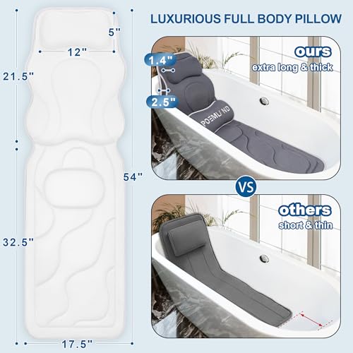 Poemland Full Body Bath Pillow for Tub - Extra Long & Thick Tub Pillow with Head, Back & Lumbar Support, 168 Non-Slip Suction Cups, Soft 5D Mesh Spa Cushion, Fits All Tubs-Gift for Soaking(White) - color: White