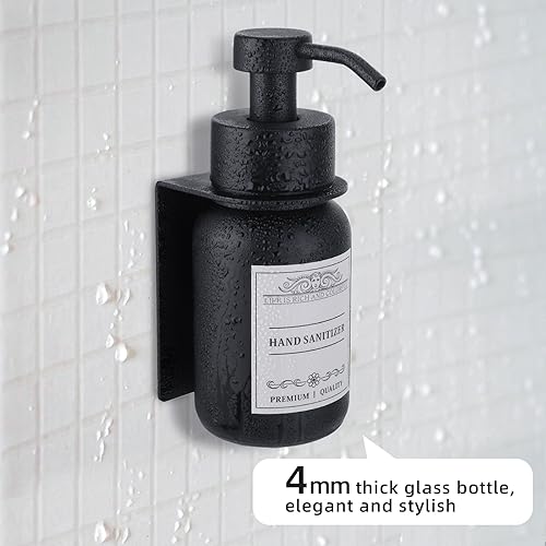 Black Glass Soap Dispenser Wall Mount for Bathroom with Pump and Drill-Free Holders - 8.5 Oz Hand Soap Dispenser, Shower Dispenser with Waterproof Labels | Heavy-Duty & Rust-Proof: Stainless steel pump & bracket, thick glass bottle, leak-resistant & smoot