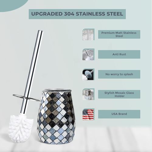 Escenzy Modern Toilet Brush and Holder Set Mosaic Glass | Non-Rustic Stainless Steel | Practical & Decorative Toilet Bowl Brush and Holder | Luxury Black and Gold Bathroom Accessories - color: Black Gold Curve