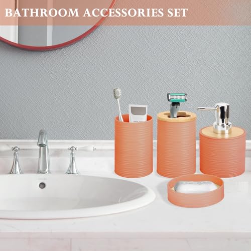 4 Pieces Bamboo Bathroom Accessories Set, Bathroom Accessory Set with Soap Dispenser and Toothbrush Holder, Soap Dish and Toothbrush Cup, Boho Bathroom Decor(Orange) - color: Orange