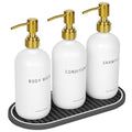 White Glass Shampoo and Conditioner Dispenser Set –16.9oz Refillable Bottles with Stainless Steel Pump, Non-Slip Mat & Waterproof Labels –Shampoo Conditioner Body Wash Dispenser for Shower - color: White