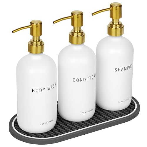 White Glass Shampoo and Conditioner Dispenser Set –16.9oz Refillable Bottles with Stainless Steel Pump, Non-Slip Mat & Waterproof Labels –Shampoo Conditioner Body Wash Dispenser for Shower - color: White