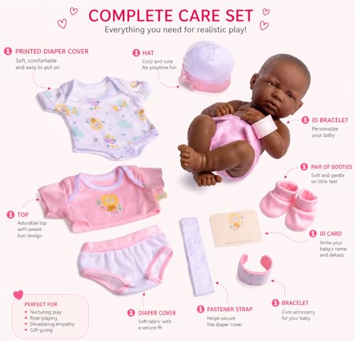 8 piece Layette Baby Doll Gift Set | JC Toys - La Newborn Nursery | 14" Life-Like African American Newborn Doll w/ Accessories | Pink | Ages 2+ - color: Pink African American