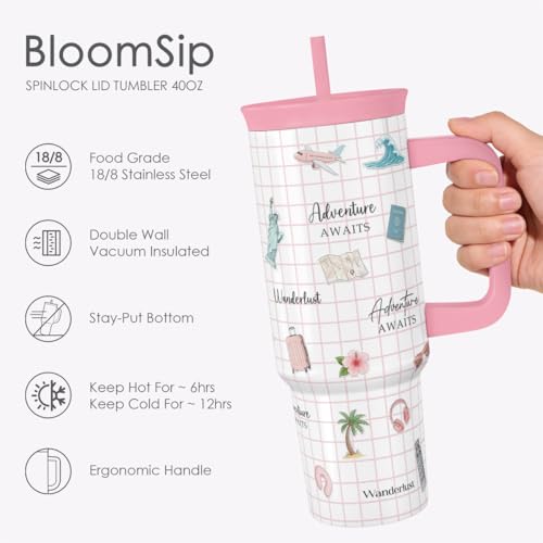 SANDJEST Travel Lover Stainless Steel Locking Lid Silicone Straw Tumbler with Handle 40oz, Insulated Stainless Steel Travel Cup for Women Girls Friends, Gift Idea for Birthday Christmas - color: Travel Lover