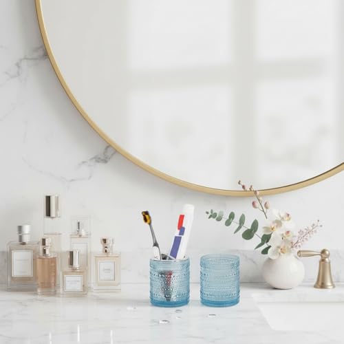 Blue Toothbrush Holders for Bathrooms, Glass Toothbrush Holder with 2 Slot Divider, 10oz Bathroom Tumbler and Mouthwash Cup, Tooth Brush Holder for Brushes, Toothpaste - color: Blue
