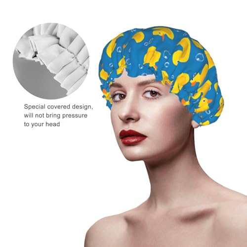 Rubber Ducks Shower Cap For Women Reusable Waterproof Double Layers Bath Cap Hair Protection Elastic Ladies Spa Salon Shower Hat - color: Yellow Rubber Duck