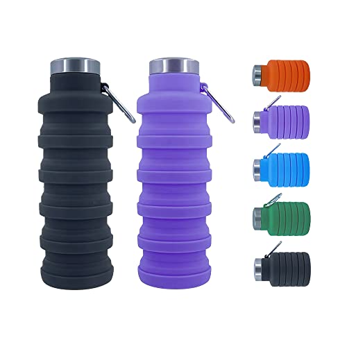 Collapsible Water Bottles，2 pack BPA Free Travel Silicone Water Bottle with Carabiner，17oz Reusable Foldable Lightweight Portable Sports Water Bottle for Travel Gym Camping Hiking - color: Black + Purple