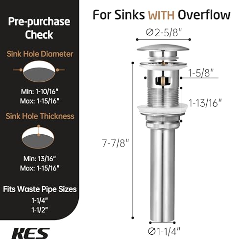 KES Bathroom Sink Drain with Overflow, Brushed Nickel Pop Up Drain 2 Pack, All Metal Bathroom Sink Stopper for Vanity Vessel Sink, T304 Stainless Steel and Brass, S2008A-BN-P2 - color: Brushed Nickel, style: With Overflow, 2 Pack