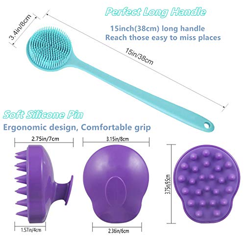 Silicone Body Scrubber & Scalp Massager, Long Handle Shower Brush, Exfoliating Scrubber for Men, Women & Kids - color: Blue