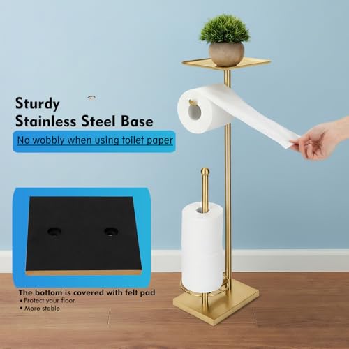 Gold Toilet Paper Holder with Shelf, Free Standing Toilet Paper Stand with Storage for Holding Extra 3 Rolls, Tissue Holder for Bathroom (Gold with Metal Base) - color: Gold With Metal Base
