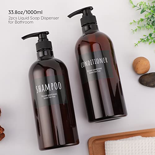 Empty Plastic Bottles with Labels, Segbeauty 33.8oz Large Brown Shampoo Conditioner Reusable Dispenser, 2 Packs of 1000ml Refillable Shower Lotion Pump Press Bottles for Bathroom Hand Soap Body Wash - color: Dark Amber, size: 33.8 oz