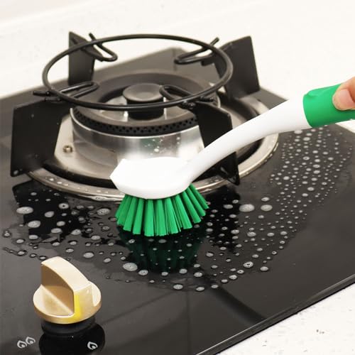 Dish Brush with Handle, 2 Pack Scrub Brushes with Built-in Scraper for Cleaning Kitchen, Pots, Pans and Sink, Scrubber Washing Tools, Green - color: Green