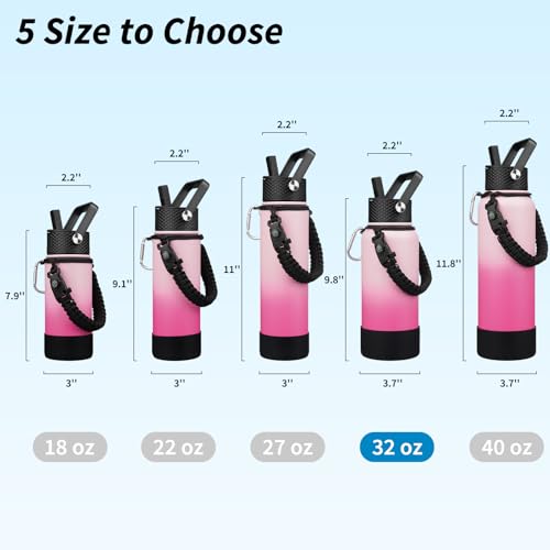 BJPKPK 32oz Insulated Water Bottles with 3 Lids, Paracord Handle & Non-slip Boot, Stainless Steel Metal Water Bottle,Reusable BPA Free Thermal Flasks, Tumblers, Cherry - color: Cherry, size: 32 Ounces