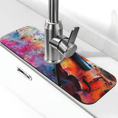 Kitchen Sink Splash Guard Faucet Mat, Colorful Violin Diatom Mud Absorbent Draining Mat For Kitchen Sink Bathroom - color: Colorful Violin, size: One Size