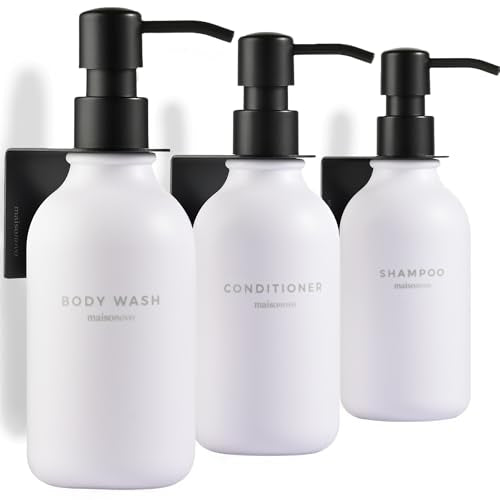 Shampoo and Conditioner Dispenser Wall Mounted Set of 3 White Black - No Drill Shower Soap Dispenser for Bathroom Refillable - Spa Hotel Style Accessories by MaisoNovo - color: White Black Set of 3