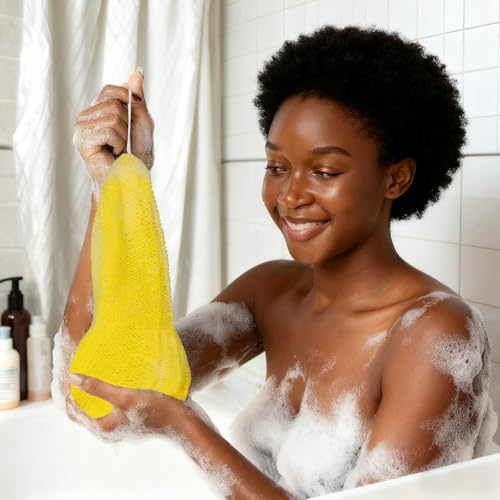 Bathway African Net Sponge Authentic with Handles (Set of 2), African Exfoliating Net Sponge, Exfoliating Body Scrubber Bath Sponge - Bathing Accessories with Storage Bag (Rose & Bright Yellow) - color: Rose & Bright Yellow