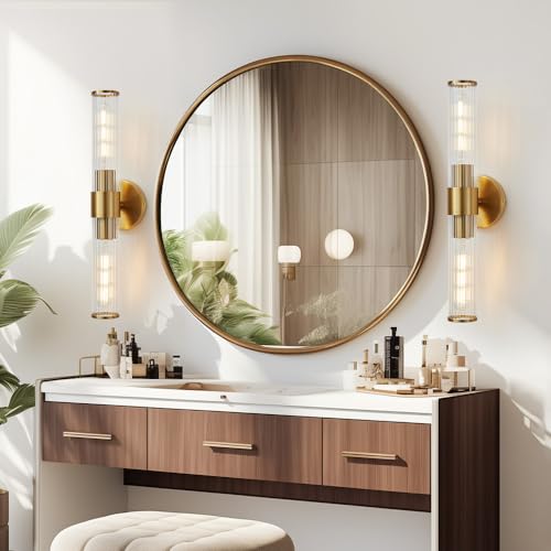 Gold Bathroom Light Fixtures 2 Pack, Hardwired Vanity Lights for Mirror with Threaded Glass Shade, 20 Inch Up and Down Wall Sconces for Bathroom Bedroom Living Room, Bulb Not Included - color: Gold-B, 2Pack