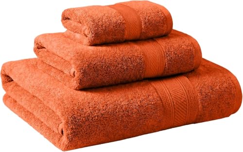 Superior 100% Cotton 3-Piece Towel Set, Heavyweight Plush Absorbent Towels for Bathroom, Spa, Gym, Integrated Hanging Hooks, Set Includes 1 Bath, 1 Hand, 1 Face Towel, Atlas Collection, Sandstone - color: Sandstone, size: 3-Piece Towel Set