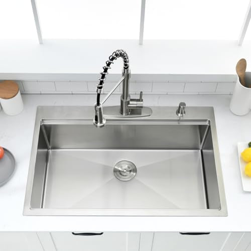 33 Inch Drop In Kitchen Sink Workstation - VOKIM 33 x 22 Inch Drop In Sinks 16 Gage Stainless Steel Topmount Sinks Single Bowl 10'' Deep Handmade Above the Counter sink with Cutting Board& Strainer - color: Stainless Steel, size: 33"L x 22"W x 10"D