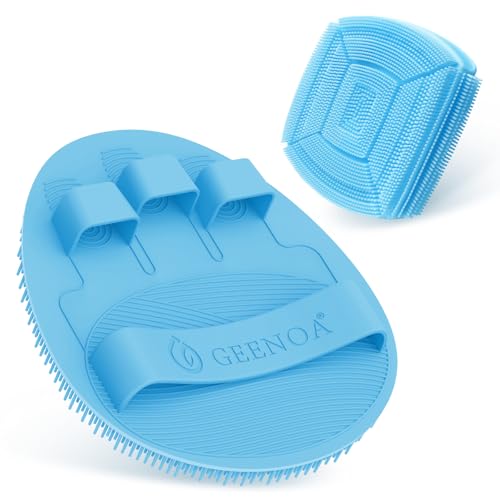 Silicone Bath Glove & Face Scrubber Set 2PCS, 360° Anti-Slip & Hand-fit Body Scrubber for Rich Foaming Deep Cleaning, Unique Facial Scrubber with Side-bristles for Contoured Areas.(Blue) - color: Blue Set