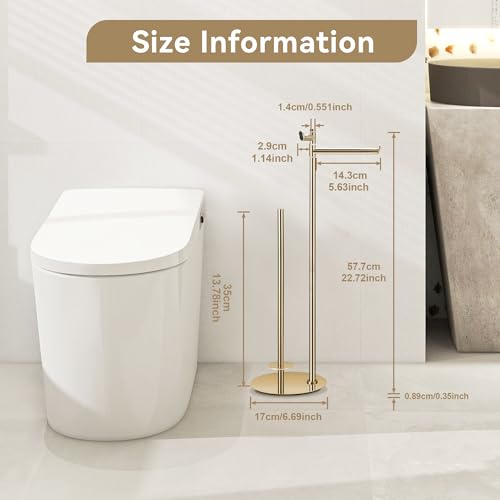 BGL Toilet Paper Holder Stand, SUS304 Stainless Steel Gold, Weighted Base, Holds 5 Jumbo Rolls, Space-Saving Modern Bathroom Storage with Built-in Hook - color: Gold
