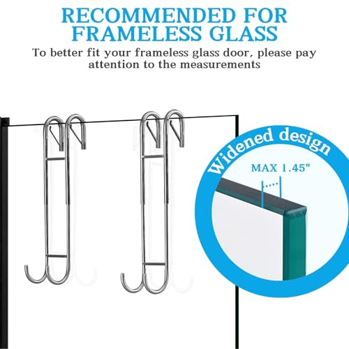 Shower Door Towel Hooks (2-Pack), 9"-13" Adjustable Over Glass Door Hooks | Fit for Frameless, Anti-Scratch Squeegee Holder, Towel Hanger for Bath Suits Rozer Robes Loofahs Shavers, Stainless Steel - color: Silver, Clip