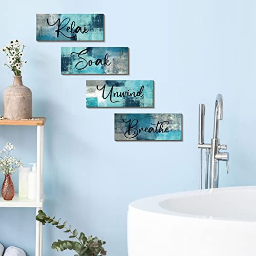 Maitys 4 Pcs Bathroom Wall Decor 10 x 4 Inch Bathroom Wall Art Contemporary Wood Restroom Pictures for Soak Unwind Relax Hanging Sign Spa Rustic Vintage Farmhouse Pediments(Turquoise and Grey) - color: Turquoise and Grey