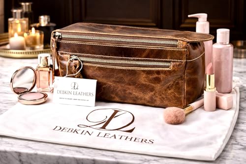 DEBKIN FOCUS Premium Top Grain Buffalo Leather Toiletry Bag for Men, Fathers Day Gift for Dad, Graduation Gifts for Men Him, Leather Shaving Bag, Gift for Birthday, Anniversary, Groomsmen, Husband
