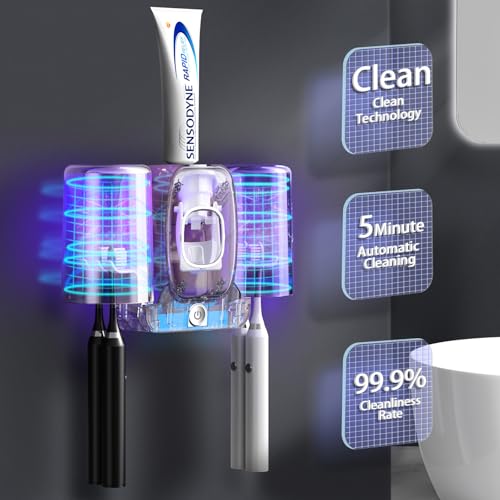 Toothbrush Holders for Bathrooms, Wekity Automatic Toothpaste Dispenser Space Saving Toothbrush and Toothpaste Holder，Toothbrush Holder Wall Mounted with 2 Cups for Bathroom (Grey)… - color: Grey