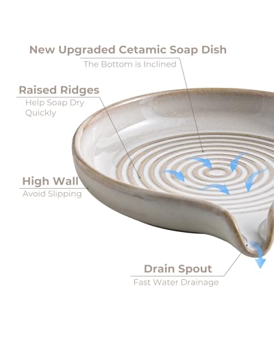 Soap Dish with Drain, Ceramic Soap Holder Self Draining Bar Soap Saver with Waterfall Design for Shower Bathroom Kitchen Sink Bathtub, Beige White - color: Beige White, size: Round
