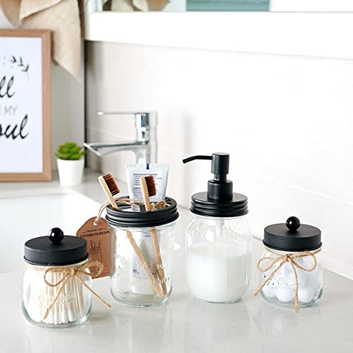 Amolliar Mason Jar Bathroom Accessories Set 4 Pcs -Lotion Soap Dispenser & 2 Cotton Swab Holders & Toothbrush Holder - Rustic Farmhouse Decor, Bathroom Home Decor, Perfect Decorating Idea (Black) - size: Black, style: Standard-mouth