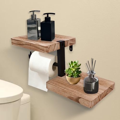 Wood Toilet Paper Holder with Shelf, Wall Mount Paper Roll Holder with Double Shelves, Farmhouse Wooden Bathroom Accessories, Home Apartment Washroom Restroom Decor Essentials (Walnut)