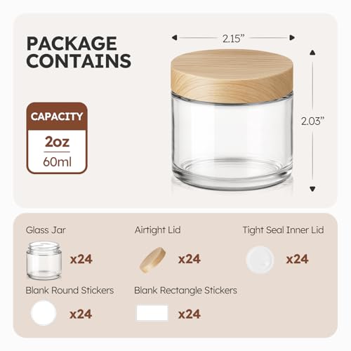 2 OZ Glass Jars with Lids, 24 Pack Small Glass Containers with Plastic Woodgrain Lids & Inner Liners, Reusable Travel Containers for Creams, Makeup, Lotion, Cosmetic, Ointment - color: 24 Pack 2 OZ Clear