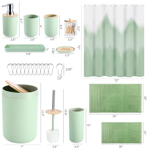 iMucci Bathroom Accessories Bathroom Sets with Shower Curtain, Bath Towel Set, Trash Can, Toilet Brush, Soap Dispenser, Bathroom Accessories Set Complete - size: Bath Set+Shower Curtain+Bath Towel Set, style: Green