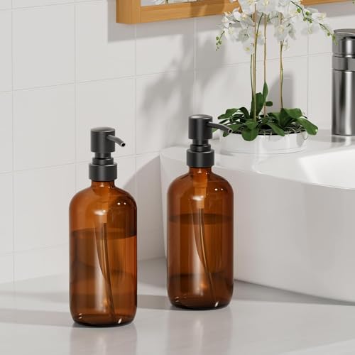 AmazerBath Amber Glass Soap Dispensers, 2 Glass Amber Pump Bottles, 17 Oz Dish Soap Dispenser, Kitchen Bathroom Hand Soap Dispensers for Hand Sanitiser, Shampoo, Lotion, Shower Gel Conditioner - color: Brown