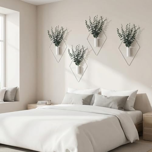 Jexine 4 Pcs Hanging Planters with Artificial Eucalyptus Metal Hanging Vase Indoor Plants Holder Modern Geometric Boho Bathroom Wall Decor for Living Room Home Office (Eucalyptus,White) - color: White, size: Eucalyptus