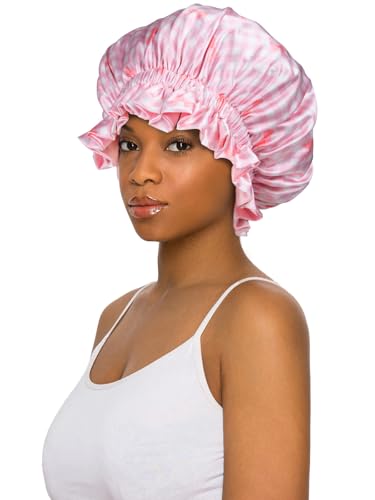 Floral Satin Bonnet with Scrunchie Set,Double Layer Ruffle Reusable Sleeping Shower Cap for Curly Hair Pink-bow - color: Pink-bow