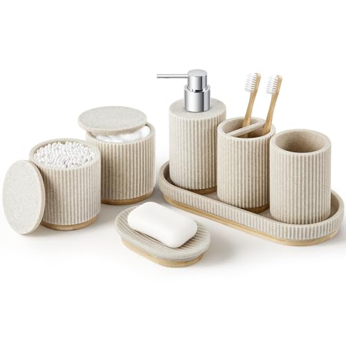 7PCS Bathroom Accessories Set, with Soap Dispenser, Q-tip Holder, Toothbrush Holder, Tumbler, Soap Dish, Vanity Tray, Bathroom Set Complete Organizer Countertop for Modern Decor, Beige
