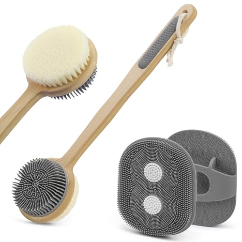 Back Scrubber for Shower + Body Scrubber 2 Pack - Dual Sided Silicone & Nylon Bristles Lather Well, Exfoliating Anti-Slip Wood Long Handle Back Scrubber Body Exfoliator for Wet/Dry Bath Brush Grey - color: Grey