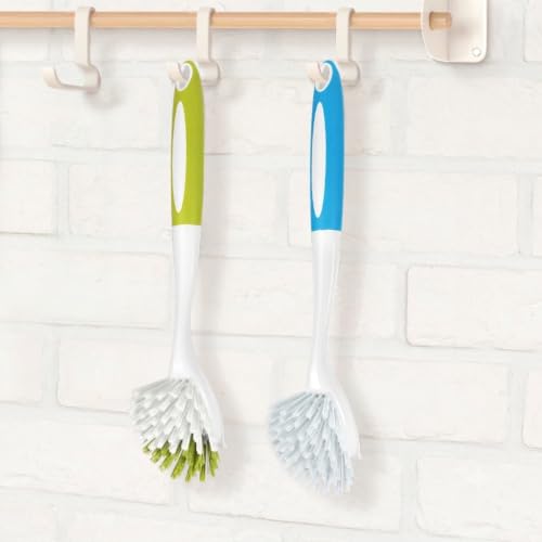 Dish Brush with Handle, Firm & Stiff Bristles Dish Scrubber for Pots, Pans & Sink Cleaning, 2 Pack - color: Yellow & Blue 2 Pack