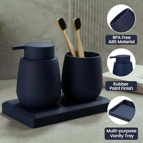 Blue Bathroom Accessories Set, Modern 3 Pcs Bathroom Essentials - Soap Dispenser, Toothbrush Holder & Tray, Countertop Vanity Organizer (Blue) - color: Blue
