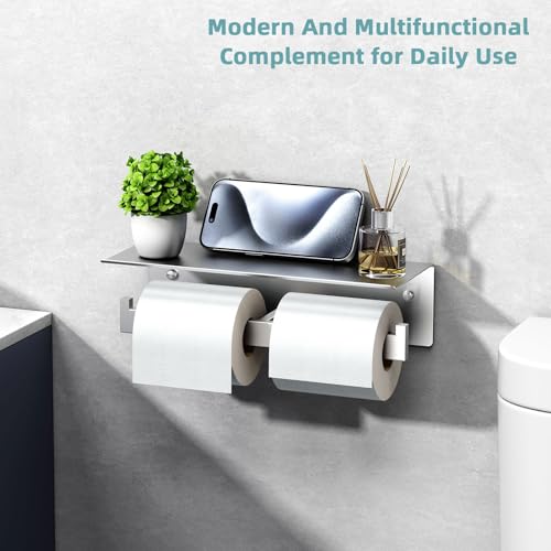 Angle Simple Bathroom Toilet Paper Holder, SUS 304 Stainless Steel Toilet Tissue Roll Holder with Storage Shelf, Wall Mount - color: Brushed Nickel, size: Double Rod