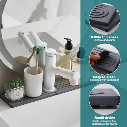 Stone Faucet Mat for Kitchen Sink, Diatomite Drying Stone Mat Sink Protector, Sink Splash Guard Fit Kitchen Bathroom Counter 15.7 Inch Dark Grey Kitchen Decor Home Accessories
