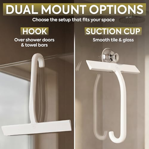 GÜTEWERK Shower Squeegee for Glass Doors – Bathroom Squeegee for Shower Glass & Tile Walls, Streak-Free & No-Squeak Silicone Blade, Stainless Steel Core, Hang Hook + Suction Cup, White, 10 Inch - color: White