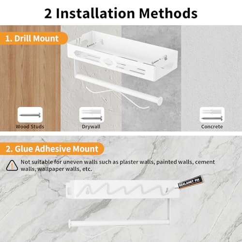White Paper Towel Holder Wall Mount with Shelf - Adhesive Hand Towel Rack, Space-Saving for Bathroom, Kitchen, RV Camper - color: White