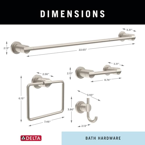 Delta 4-Piece SpotShield Brushed Nickel Bathroom Set Towel Rack, Ring, Toilet Paper Holder, Hook | Nicoli Bath Accessories - color: Spotshield Brushed Nickel