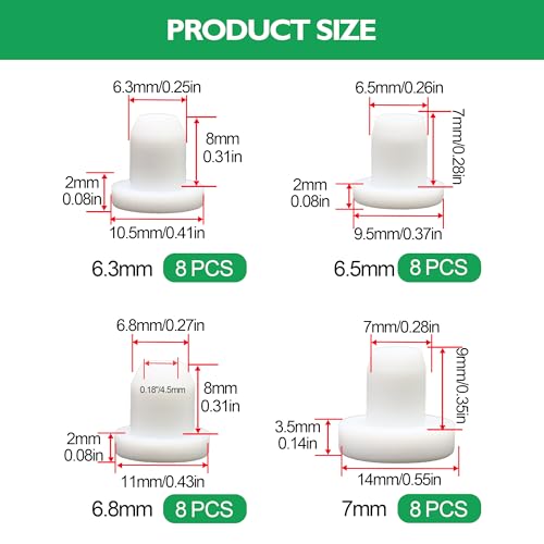 EASYEAH 4 Sizes 6.3/6.5/6.8/7 mm Silicone Plugs 1/4 in T-Shaped Soft Flexible Rubber Stopper Waterproof Seal Button Plug for 6.3-7 mm/0.25-0.28 in Hole, White, 32 Pcs - size: 6.3-7mm(0.25-0.28")